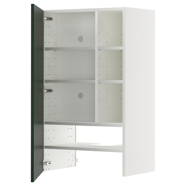 Armoire METOD, blanche avec 3 étagères, porte ouverte dévoilant l’intérieur.