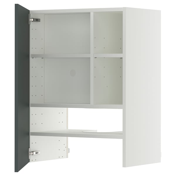 Armoire de cuisine METOD blanche avec porte brillante gris-vert, étagères réglables et design moderne.