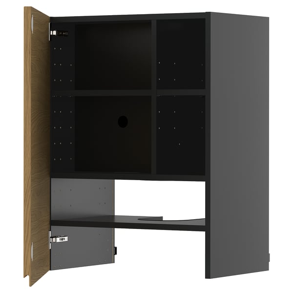 Meuble de cuisine METOD gris avec porte en chêne, minimaliste et chaleureux, rangement vertical.