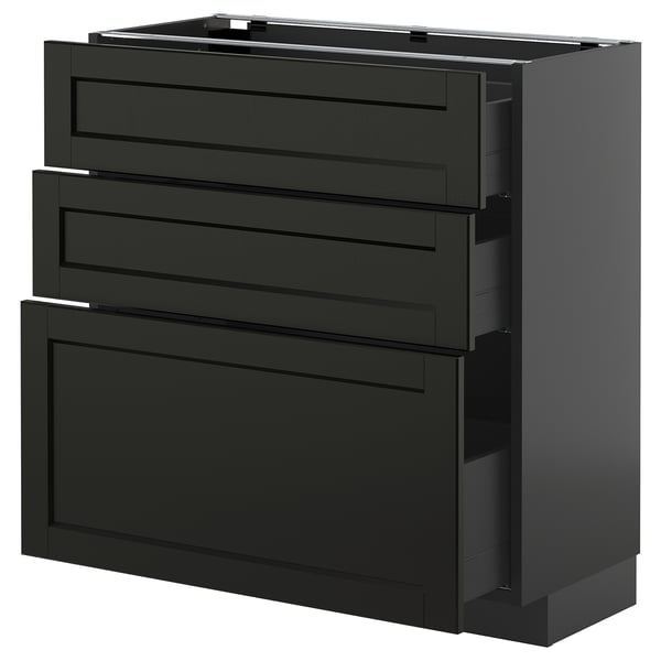 Meuble de cuisine noir METOD avec tiroirs en frêne teinté, forme rectangulaire, design traditionnel.