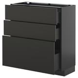 Armoire de cuisine moderne noire avec 3 tiroirs élégants, système METOD, gris-noir, rectangulaire, design minimaliste.