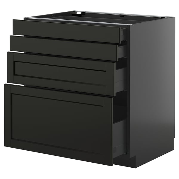 Unité de cuisine noire avec tiroirs, design élégant.