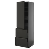 Armoire de cuisine moderne noire, haute avec tiroirs, finition mate élégante, poignées intégrées, étagères réglables.