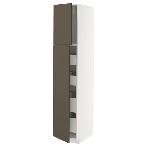 Armoire haute moderne avec portes brun foncé, cadre blanc et étagères internes.