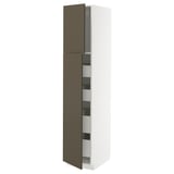 Armoire haute moderne avec portes brun foncé, cadre blanc et étagères internes.
