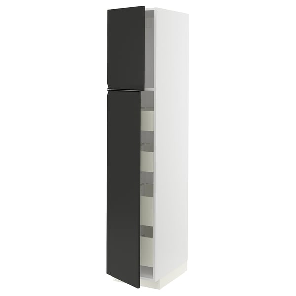 Armoire blanche haute moderne, porte noire mate, forme carrée, avec poignée intégrée.
