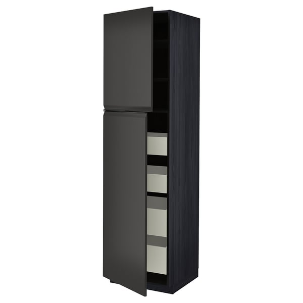 Armoire de cuisine moderne : haute, gris foncé, texture bois, deux portes, quatre tiroirs, design élégant.