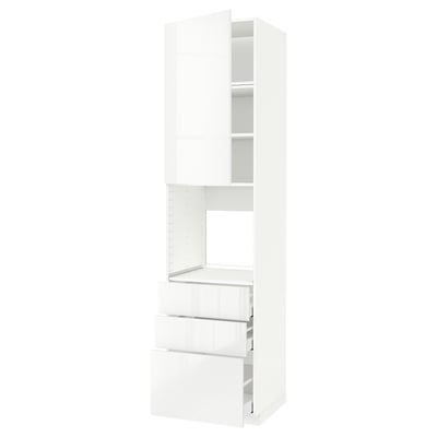 Un meuble de cuisine METOD en blanc. Il a une finition brillante, plusieurs tiroirs et étagères, offrant un rangement moderne et spacieux.