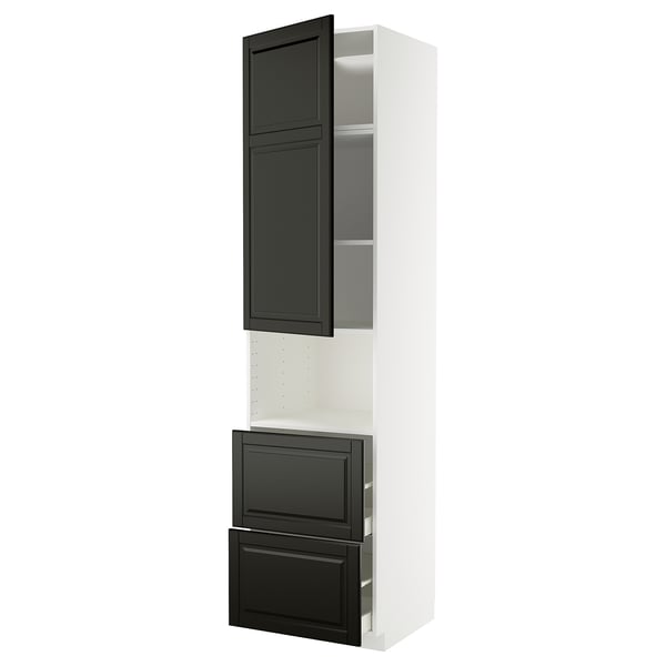 Armoire METOD blanche avec tiroirs noirs et bords biseautés, rangement de cuisine moderne.