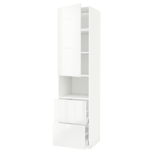 Un meuble de cuisine ikea METOD blanc avec des portes et des façades de tiroirs brillantes, doté d’une armoire haute avec des étagères et un tiroir.