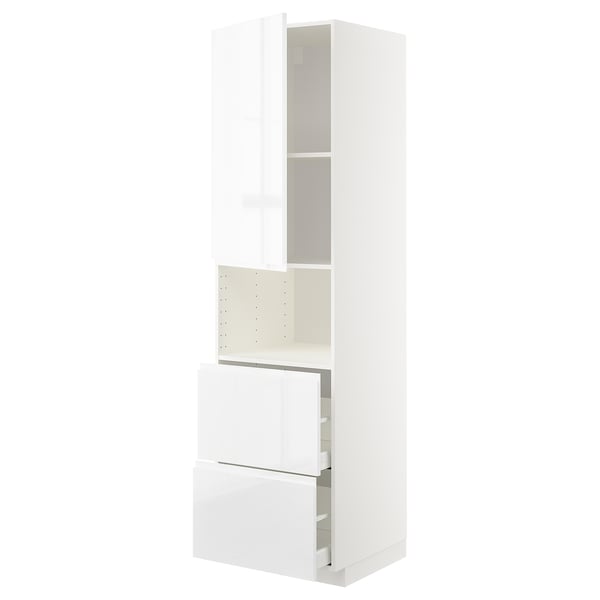 Une armoire de cuisine ikea METOD blanche avec des tiroirs brillants et une étagère.