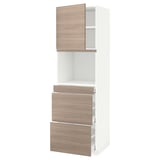 Meuble de cuisine METOD avec portes marron à motif noyer, cadre blanc, trois tiroirs, finition en bois.