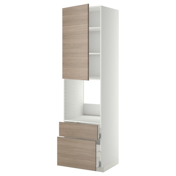 Armoire de cuisine IKEA METOD : grande, blanche avec porte et tiroirs en bois, étagères ouvertes, étagères réglables.