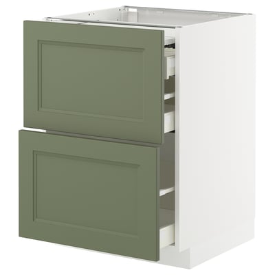 Un meuble de cuisine METOD en gris-vert avec plusieurs tiroirs.