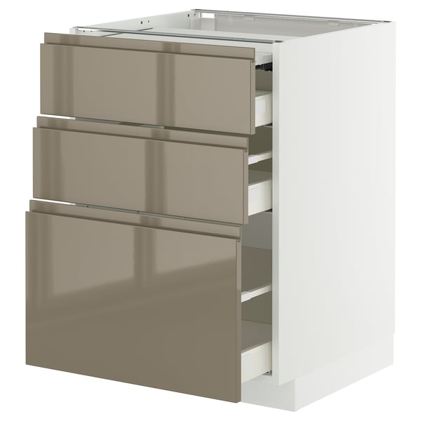 Le meuble de cuisine METOD avec des tiroirs brillants gris-brun foncé et une base blanche, doté de poignées élégantes et d’un design moderne.