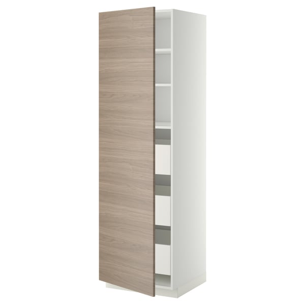 Armoire METOD : porte marron clair, corps blanc, étagères réglables, tiroir à fermeture amortie.