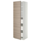 Armoire METOD : porte marron clair, corps blanc, étagères réglables, tiroir à fermeture amortie.