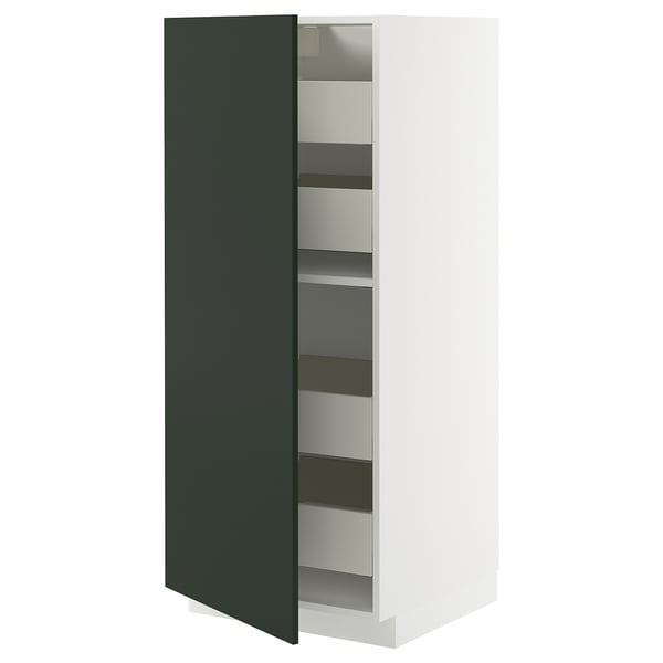Armoire METOD, blanche avec porte vert foncé, rectangulaire, étagères réglables, tiroir lisse, design moderne et élégant.