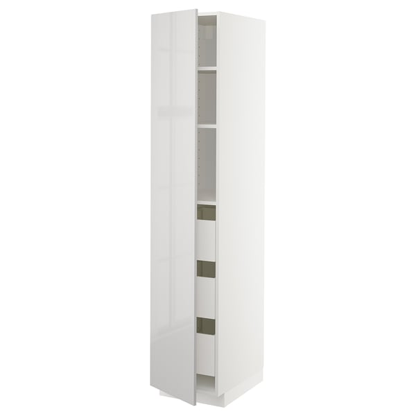 Armoire haute blanche brillante avec 3 étagères et tiroirs. Design moderne et élégant pour le rangement de la cuisine.