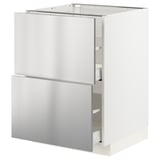 Armoire de cuisine METOD moderne et blanche avec portes en acier inoxydable, dotée de tiroirs élégants et d’un design épuré.