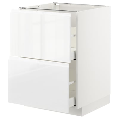 Armoire de cuisine blanche brillante avec deux tiroirs et une étagère.