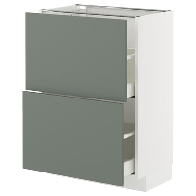 Armoire de cuisine moderne en gris-vert, avec deux tiroirs et une étagère, avec un design élégant et minimaliste.