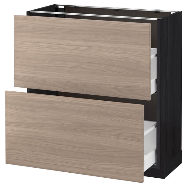 Un meuble de cuisine IKEA METOD avec deux tiroirs en brun clair avec cadre noir, en panneaux de particules et en acier.
