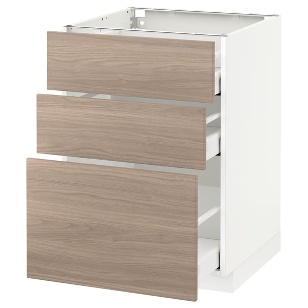 Meuble de cuisine METOD en blanc avec trois tiroirs en grain de bois brun clair, design élégant et moderne.