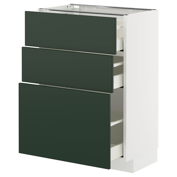 Armoire de cuisine moderne verte METOD avec trois tiroirs, design élégant, cadre blanc.