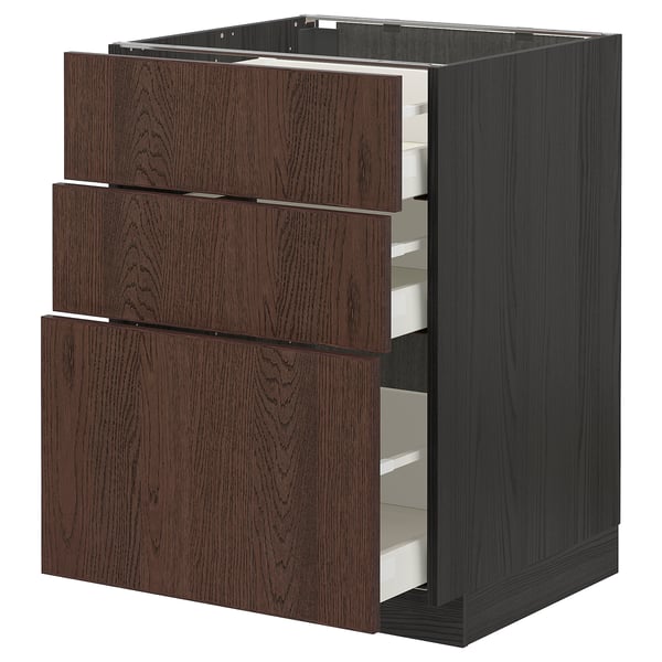 Meuble de cuisine METOD, en bois de sinarp brun foncé, 3 tiroirs. Forme rectangulaire, design moderne et robuste.