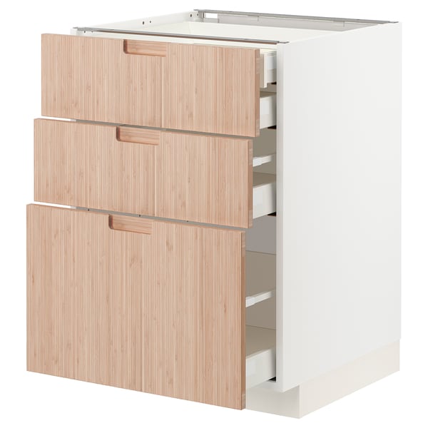 Armoire de cuisine moderne en bois clair avec trois tiroirs.