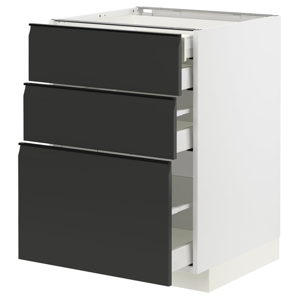 Armoire de cuisine moderne en noir et blanc avec trois tiroirs. Design élégant et minimaliste avec poignées intégrées.