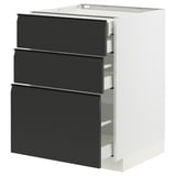 Armoire de cuisine moderne en noir et blanc avec trois tiroirs. Design élégant et minimaliste avec poignées intégrées.