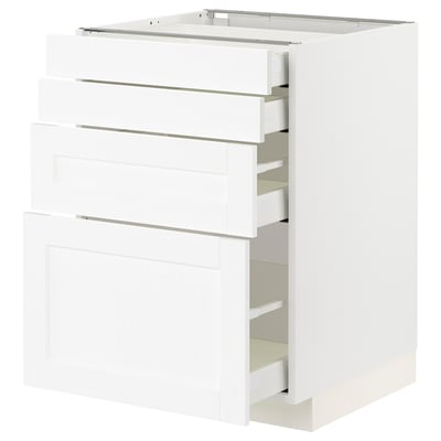 Unité de cuisine blanche METOD, trois tiroirs, design épuré, aspect bois, matériau durable.