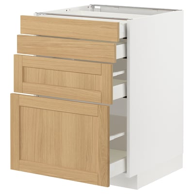 Armoire blanche avec tiroirs en placage de chêne, design moderne avec bords biseautés.