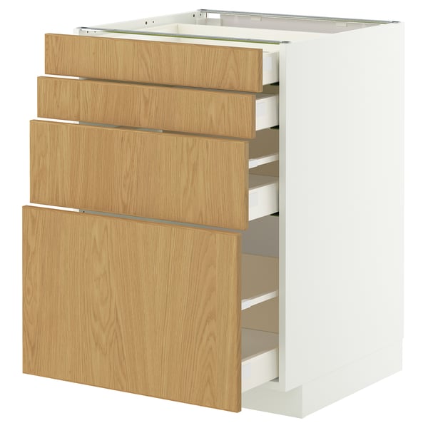 Un meuble de cuisine METOD avec quatre tiroirs en bois. Son blanc avec une finition chêne clair. Il a un design moderne et rectangulaire.