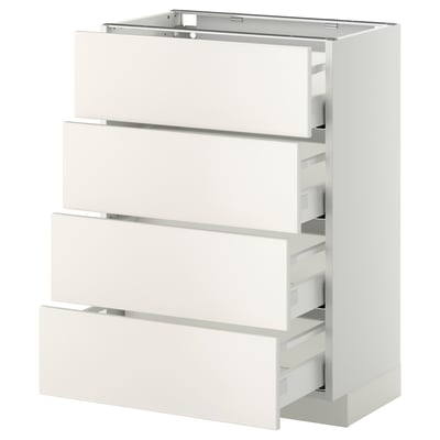 Une armoire de cuisine METOD blanche à quatre tiroirs, dotée d’un design élégant et moderne avec des lignes douces et un aspect épuré.