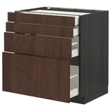 Unité de cuisine moderne en chêne brun avec plusieurs tiroirs coulissants, design élégant.