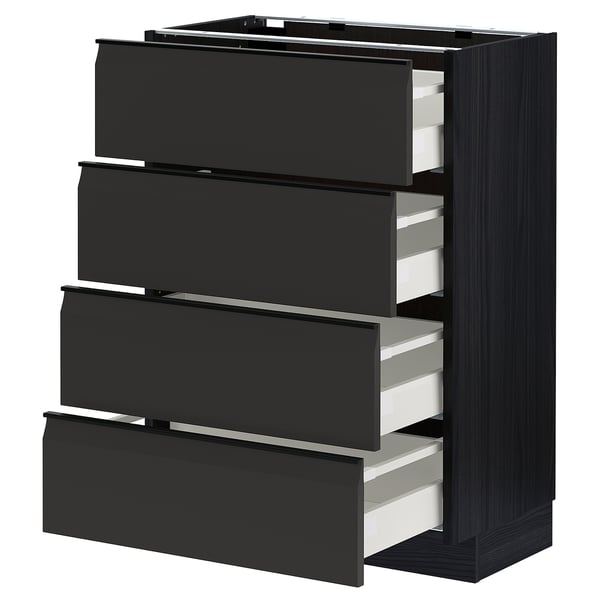Unité ikea METOD noire moderne avec quatre tiroirs ouverts, design élégant.