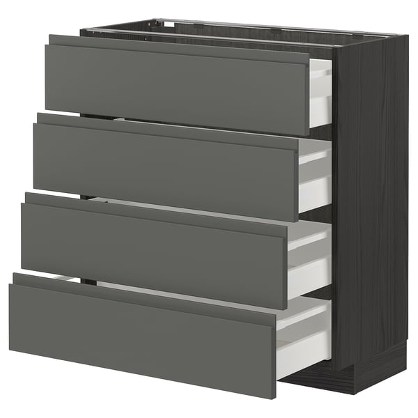 Ensemble de tiroirs de cuisine gris moderne, quatre tiroirs profonds, design élégant, poignées intégrées, construction robuste.