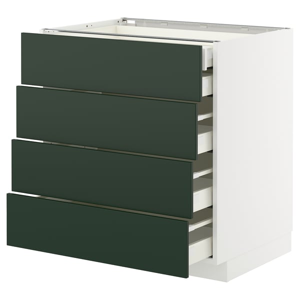 Armoire de cuisine METOD avec 4 tiroirs vert foncé sur base blanche, design moderne.