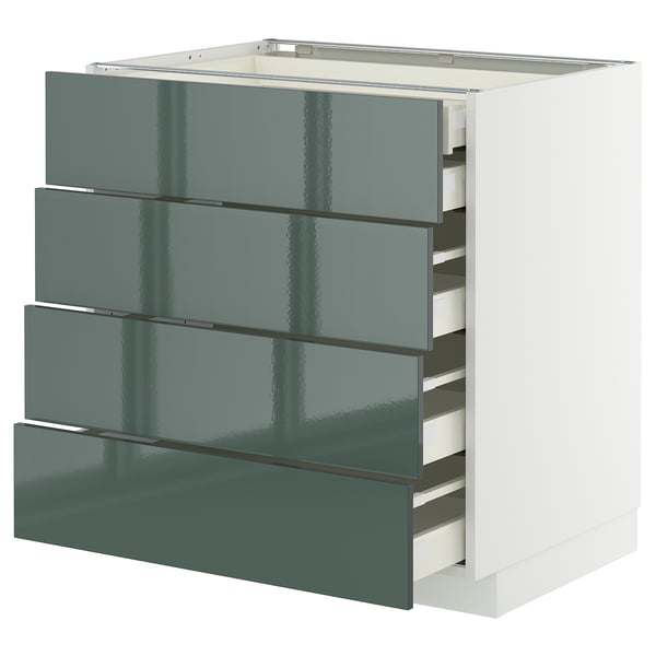 Unité de cuisine moderne - METOD avec tiroirs verts brillants et base blanche - quatre tiroirs.