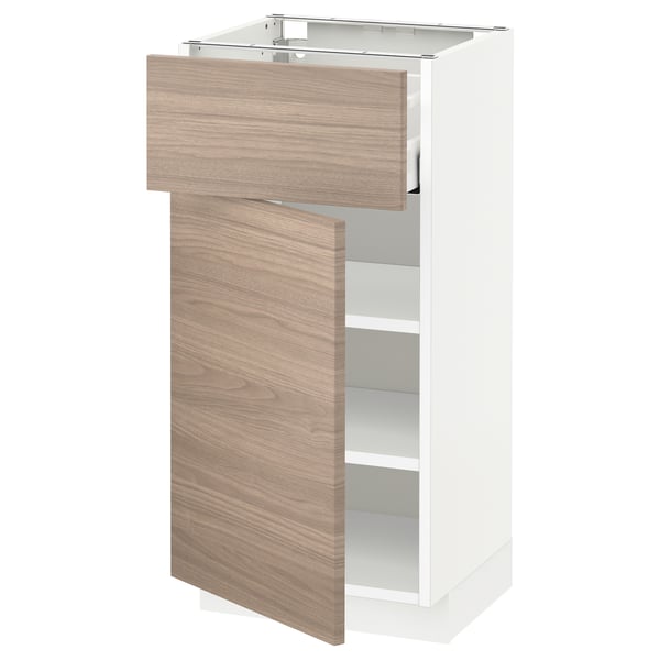 Unité de cuisine METOD : blanc, tons bois, porte simple, étagère réglable, design moderne.