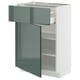 Armoire de cuisine moderne brillante gris-vert avec tiroir coulissant et étagères.