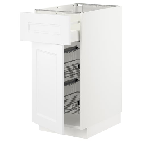 Armoire de cuisine METOD blanche avec tiroirs lisses et paniers en fil métallique pour le rangement.