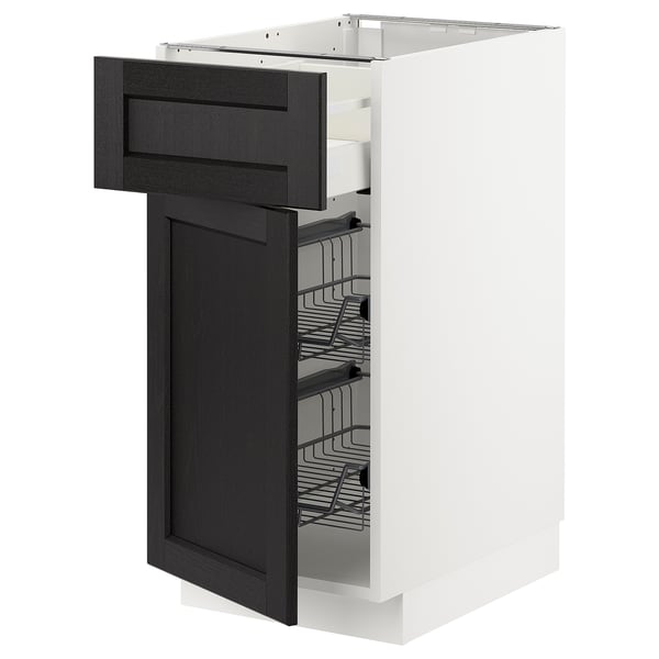 Armoire de cuisine moderne avec tiroir ouvert, noir et blanc, design élégant, panier en fil, construction robuste.