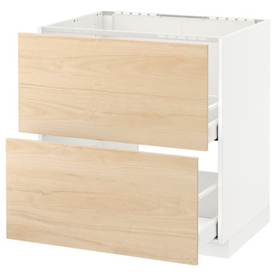 Présente un ensemble d’armoires de cuisine en bois clair et blanc avec tiroirs.