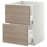 Un ensemble d’armoires de cuisine moderne avec un cadre blanc et des tiroirs brun clair. Il s’agit d’un design minimaliste et d’une construction robuste.