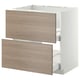 Armoire de cuisine moderne, blanche et marron clair, rectangulaire avec deux tiroirs.