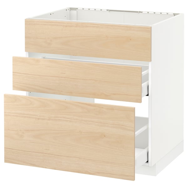Armoire de cuisine METOD blanche avec tiroirs en frêne clair, 3 tiroirs, design moderne.